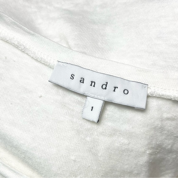 *SANDRO Ivory Linen Scallop Floral Lace Panel Short Cuff Sleeve Scoop Neck Top S - Picture 3 of 6